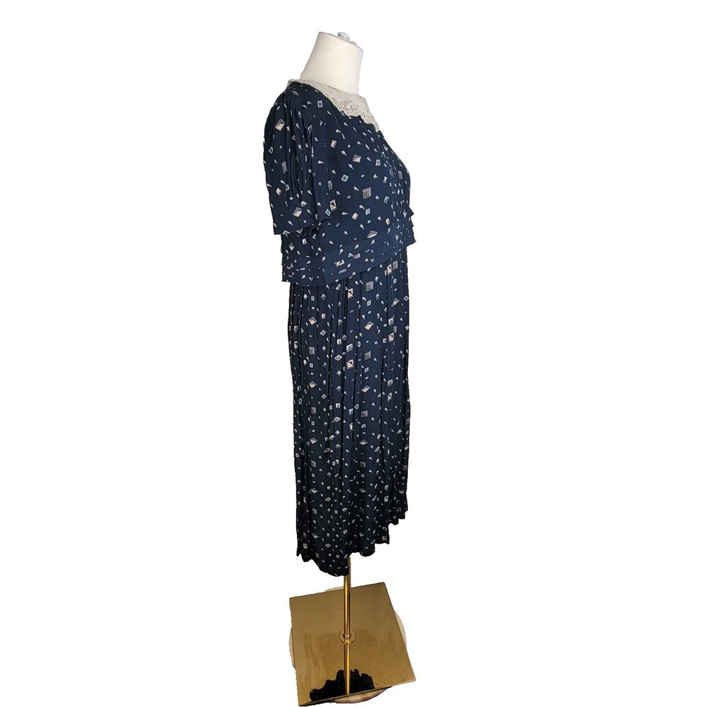Karin Stevens Navy Vtg Geometric Print Midi Dress Lace Collar Beaded Vintage 10 - Picture 3 of 16